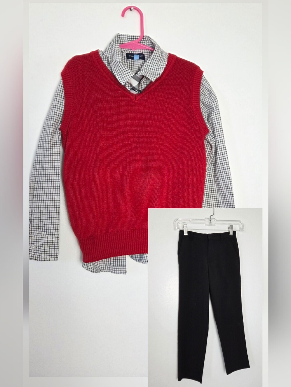 Boys Size 7 Sweater Vest Set Button Up Shirt Slacks Dress Pants Red Christmas